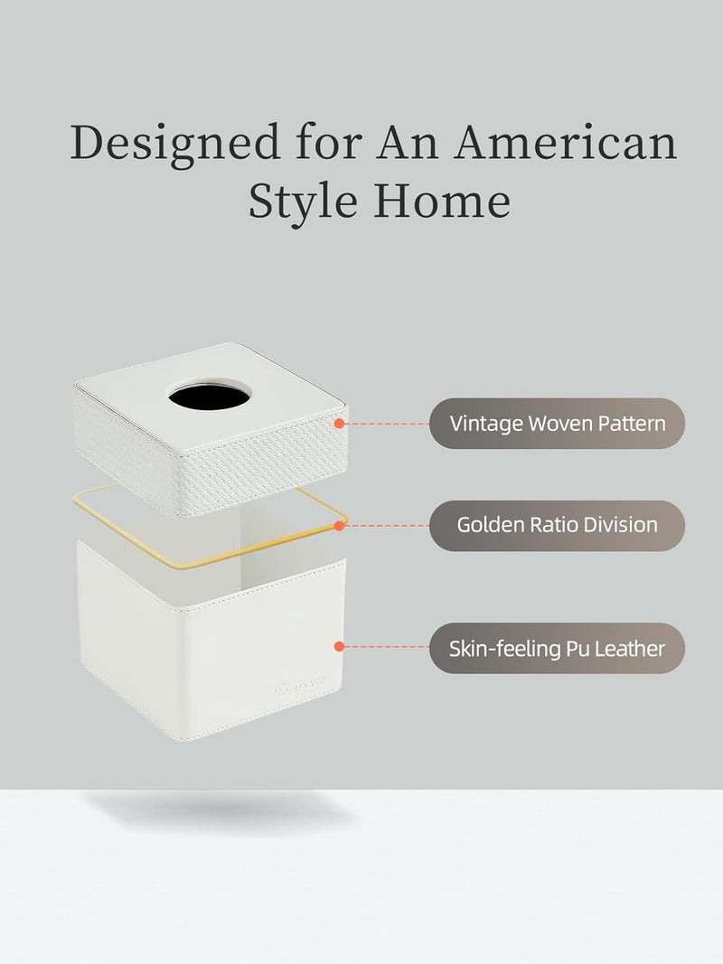 cloudever Tissue Box Holder Cover Square, Modern PU Leather Decorative Tissue Cube Holder Organizer-Woven White - Image 3